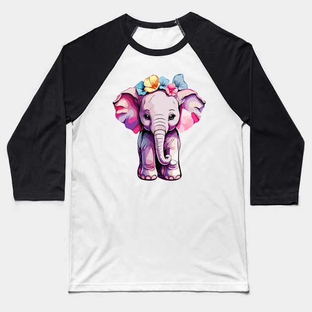 Cute Baby Elephant With Flowers Design Baseball T-Shirt by TF Brands